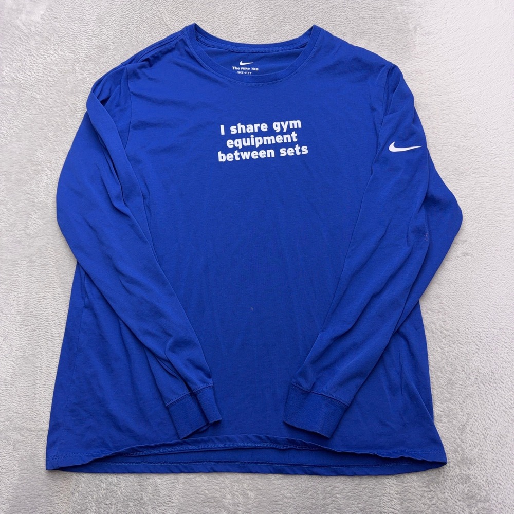 Nike Shirt Mens XL Blue Gym Equipment Graphic Dri-FIT Long Sleeve Training Tee